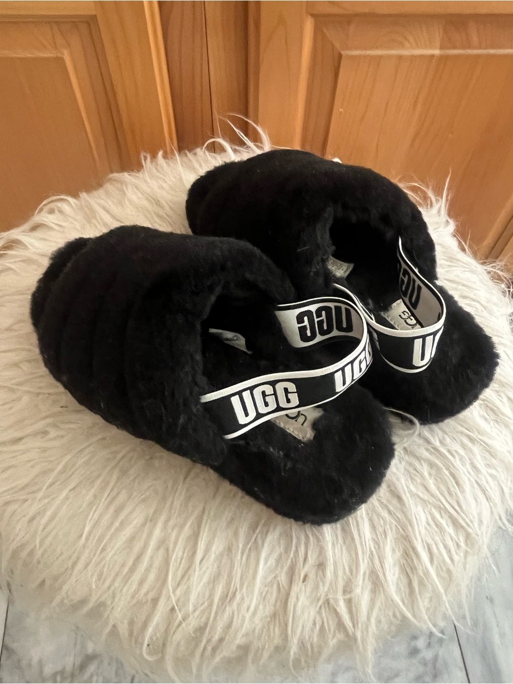UGG Black Plush Slide Slippers with Branded Elastic Strap